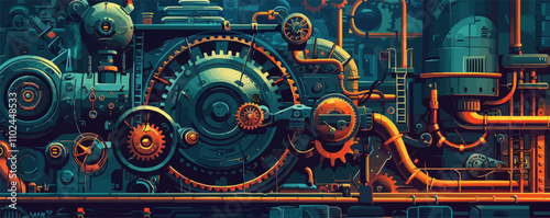 eampunk poster, Victorian machinery and futuristic elements, industrial fantasy, flat, vector illustration. M