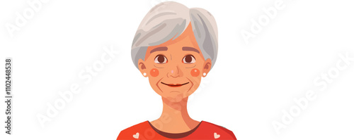 Elderly lady with silver hair and a warm smile, flat portrait, vector illustration.