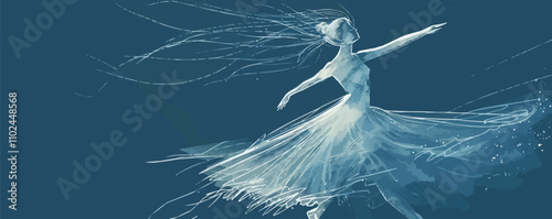 Elegant ballerina mid-dance in a flowing tutu, highlighting graceful movements, flat, vector illustration, Sketch.