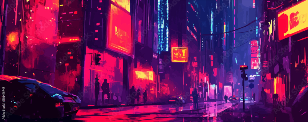 Fototapeta premium Cyberpunk dystopia. Futuristic buildings, neon signs, gritty streets, cybernetic characters, and dark alleyways, reflecting a high-tech but grim future, vector illustration, flat style.