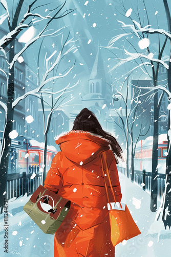 Girl in a red coat on the background of a winter city.