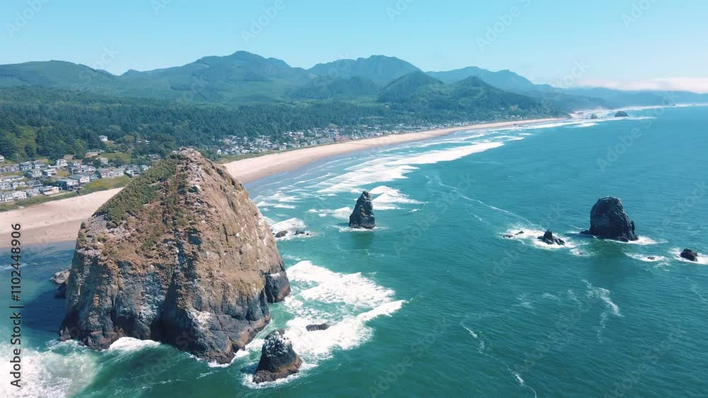Aerial landscape of Haystack Rock formation on Cannon Beach Oregon Coast Pacific Northwest