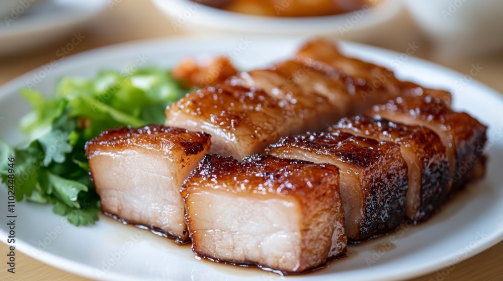 Succulent Pork Belly with Crispy Skin and Fresh Herbs on Plate Succulent Pork Belly with Crispy Skin and Fresh Herbs on Plate