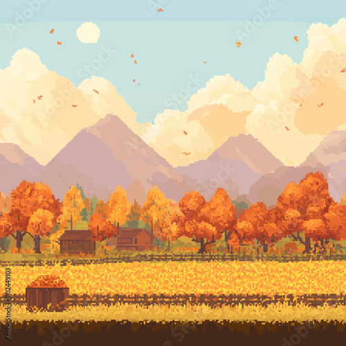 Design pixel art cozy autumn landscapes with harvest scenes and warm colors, vector icon design, flat style.