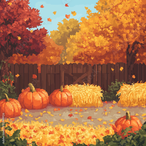 Design pixel art cozy autumn gardens with colorful pumpkins, hay bales, and vibrant leaves, vector icon design, flat style.