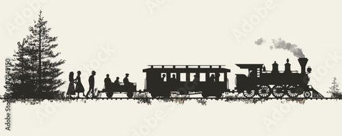 Historic train journey, steam locomotives, passengers, and tracks, travel heritage silhouettes, black silhouette, vector illustration, flat style.