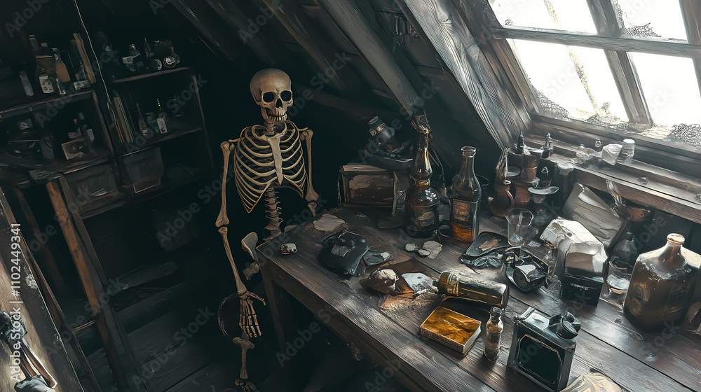 Fototapeta premium Eerie abandoned attic with skeleton and occult artifacts. Archaic. Illustration