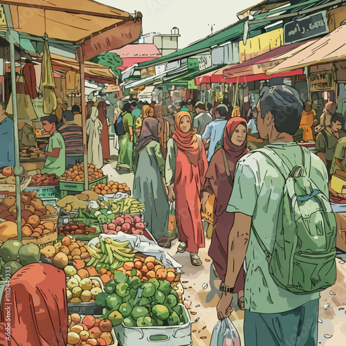 Illustrate a bustling marketplace with vendors, shoppers, and goods, ideal for cultural and economic-themed projects, hand-drawn vector art.