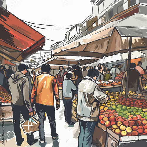 Illustrate a bustling marketplace with vendors, shoppers, and goods, ideal for cultural and economic-themed projects, hand-drawn vector art.