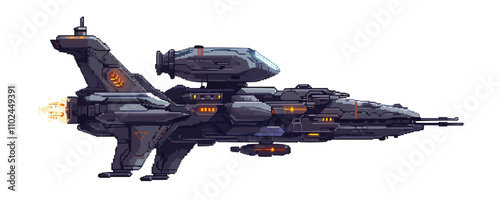 Illustrate a pixelated sci-fi spaceship, pixel art on white isolated background, vector design.