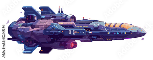 Illustrate a pixelated sci-fi spaceship, pixel art on white isolated background, vector design.