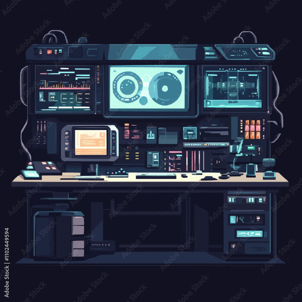 pixel art futuristic tech labs with advanced machinery, interactive displays, and sleek designs, vector icon design, flat style.