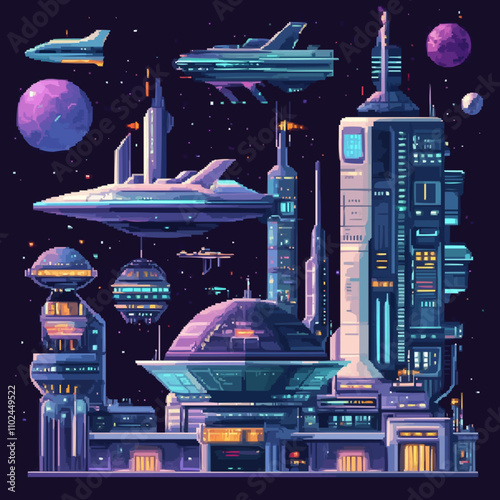 pixel art futuristic spaceports with sleek spacecraft, advanced technology, and interstellar design elements, vector icon design, flat style.