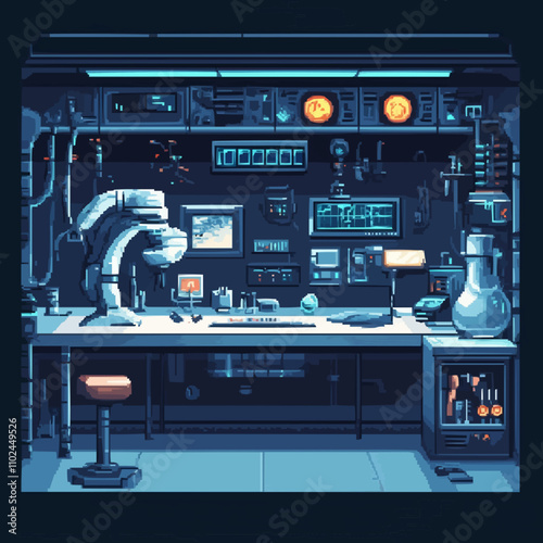 pixel art futuristic research labs with advanced machinery, interactive technology, and sleek designs, vector icon design, flat style.