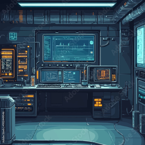 pixel art futuristic research labs with advanced machinery, interactive technology, and sleek designs, vector icon design, flat style.