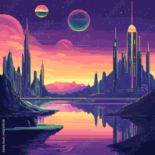 pixel art futuristic landscapes with holograms and advanced technology, vector icon design, flat style.