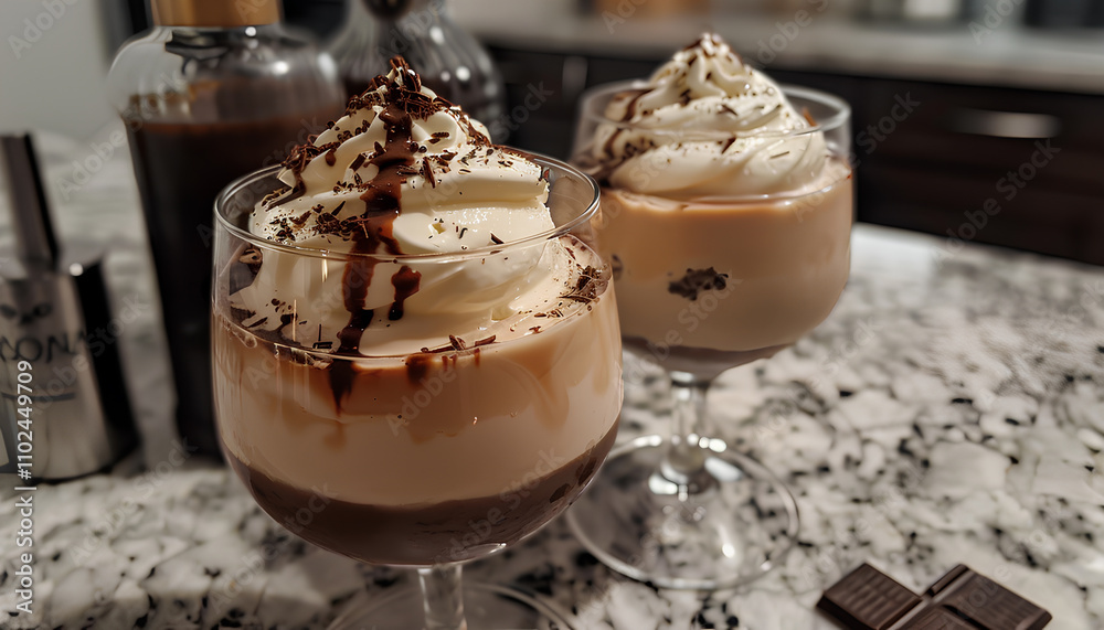 Irish coffee with grated dark chocolate on wooden table Irish coffee with grated dark chocolate on wooden table