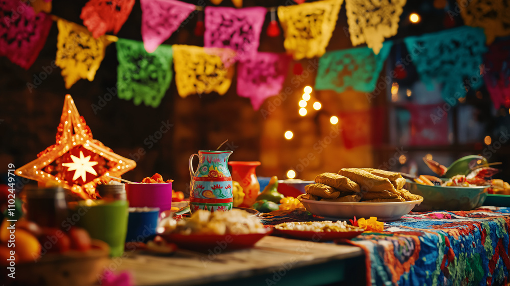Fototapeta premium Traditional setup featuring colorful papel picado banners, a table set with tamales and ponche navideño, and a star-shaped piñata, illuminated by warm festive light for a vibrant and joyful atmosphere