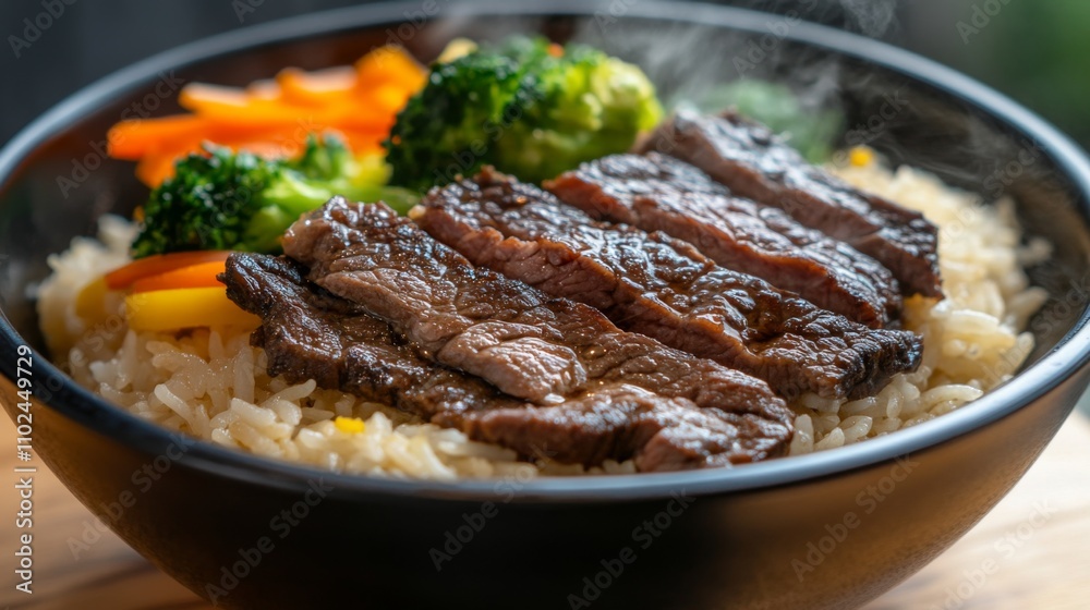 Savory Beef with Steamed Vegetables Over White Rice Bowl Savory Beef with Steamed Vegetables Over White Rice Bowl