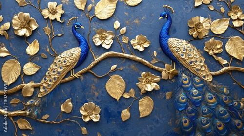 Fototapeta Naklejka Na Ścianę i Meble -  3d modern interior mural painting, wall art decor background. Abstract wallpaper with gold and royal blue floral tree leaf branches, flowers and peacocks.