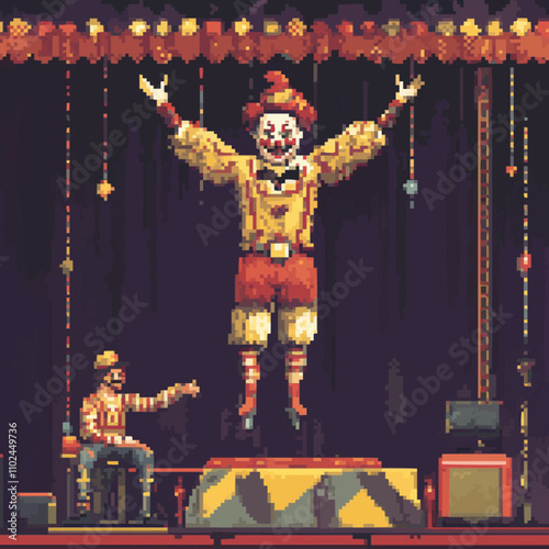 pixel art vintage circus scenes with clowns and acrobats, vector icon design, flat style.