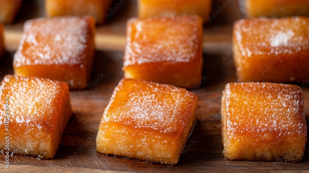 Golden Brown Square Desserts with Sugar Dust on Wooden Surface Golden Brown Square Desserts with Sugar Dust on Wooden Surface