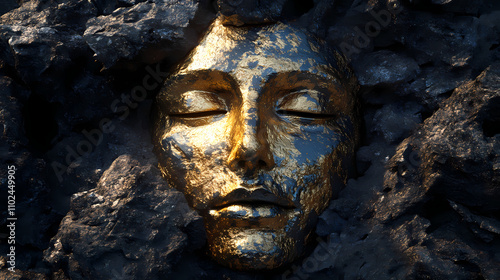 Golden face sculpture surrounded by dark rocks. Archaic. Illustration photo