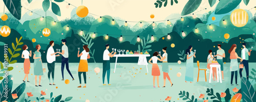 Lively garden party with string lights, colorful decorations, and joyful guests, flat, vector illustration in watercolor style.