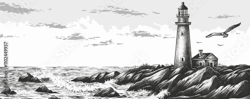 Lighthouse on a rocky shore sketch engraving vector illustration. Scratch board imitation. Black and white image. Vector
