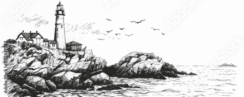 Lighthouse on a rocky shore sketch engraving vector illustration. Scratch board imitation. Black and white image. Vector