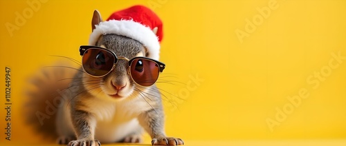 Happy New Year banner, squirrel in Santa Claus hat and sunglasses on yellow background