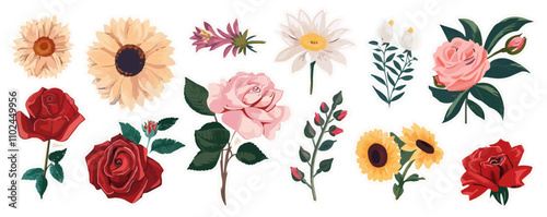 Lovely flower stickers set with roses, daisies, and sunflowers, great for gardening enthusiasts and spring crafts, flat stickers set, vector illustration.