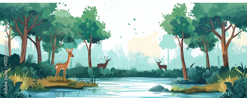 Lush green forest with tall trees and a clear blue river running through, deer and rabbits grazing peacefully, flat, vector illustration in watercolor style.