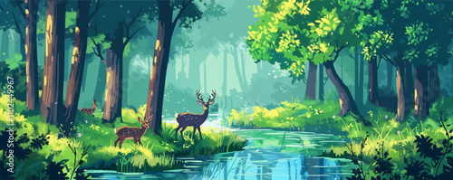 Lush green forest with tall trees and a clear blue river running through, deer and rabbits grazing peacefully, flat, vector illustration in watercolor style.