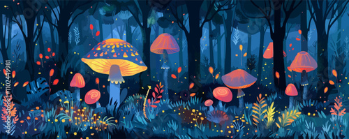 Magical forest with tall trees, glowing mushrooms, and mystical creatures, flat, vector illustration in watercolor style.