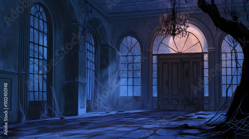 Haunted mansion wallpaper with cobweb-covered chandeliers, creaking doors, and a full moon shining through the windows, abandoned, spooky. Archaic. Illustration photo