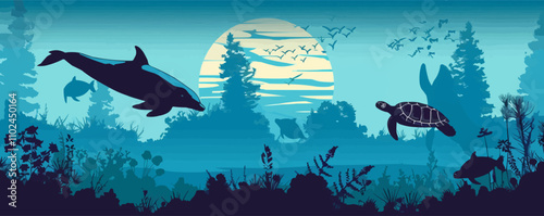 Marine life, whale, dolphin, and sea turtle underwater, oceanic silhouettes, black silhouette, vector illustration, flat style.