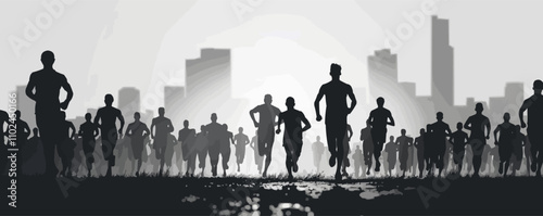 Marathon runners, race, and finish line, athletic competition silhouettes, black silhouette, vector illustration, flat style.