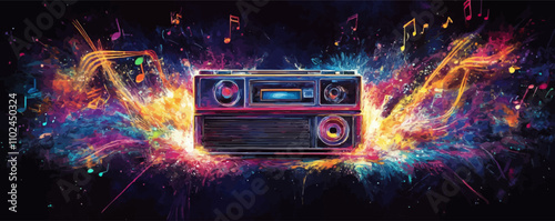 Boombox music explosion. Vintage boombox with colorful sound waves, musical notes, and cassette tapes bursting with energy cover 80s 60s 90s