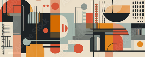 Create geometric patterns with Brutalist elements, focusing on repetition and muted color schemes. Great for stylish wallpapers and contemporary digital projects, vector illustration, flat style.