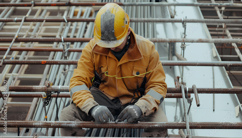 Construction worker wearing PPE woking at roof Construction worker wearing PPE woking at roof