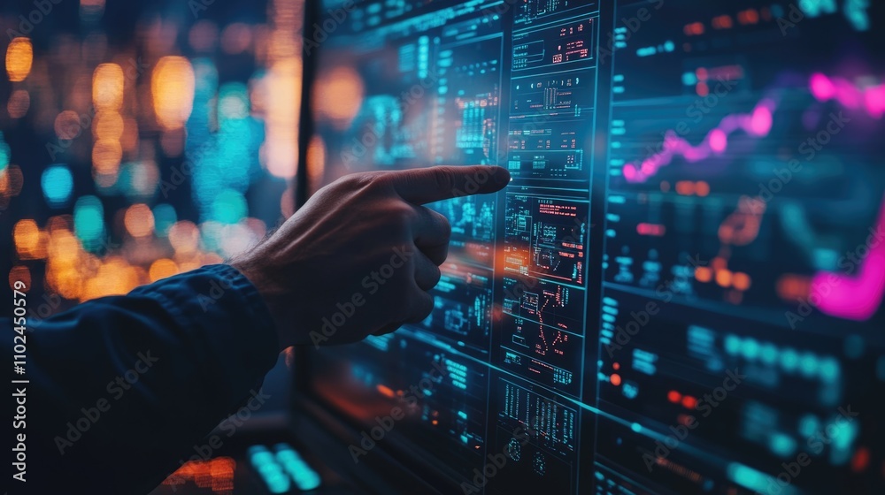 working hands of operator controller with data base Scada system on computer screen.	