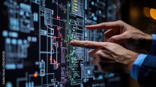 working hands of operator controller with data base Scada system on computer screen.	