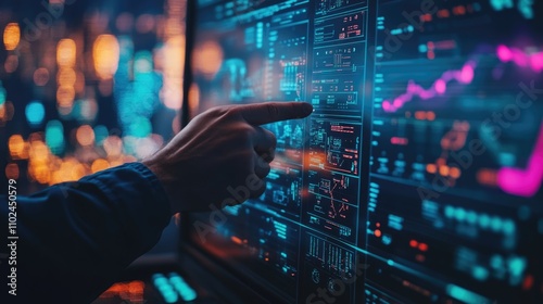 working hands of operator controller with data base Scada system on computer screen. 