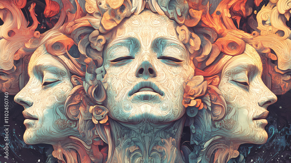 Intricate byzantine style illustration of ethereal faces. generative ai image. Archaic. Illustration Intricate byzantine style illustration of ethereal faces. generative ai image. Archaic. Illustration