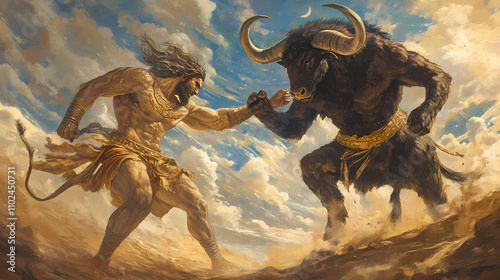 Looking down on gilgamesh and enkidu grappling with the bull of heaven, dusty plains , ideogram. Archaic. Illustration photo