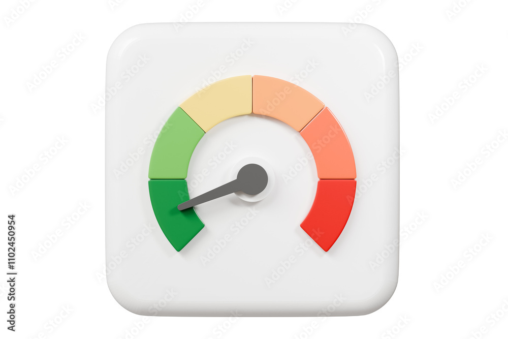 3d Speedometer icon. Minimal Status Speedometer with arrow scale gauge. Green, Yellow, Orange, Red Status color or low, medium, high arrow scale performance status icon. Credit rating score. 3d render