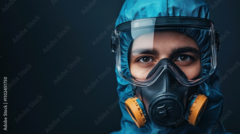 Portrait of a Person Wearing a Protective Suit and Respirator, Emphasizing Safety and Preparedness in Hazardous Environments for Stock Photo Use Portrait of a Person Wearing a Protective Suit and Respirator, Emphasizing Safety and Preparedness in Hazardous Environments for Stock Photo Use