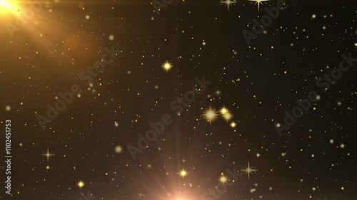 Luzes douradas, brilhando na tela e se deslocando. Fontes de luz forte vindo da parte baixa ao centro e de cima a esquerda. 