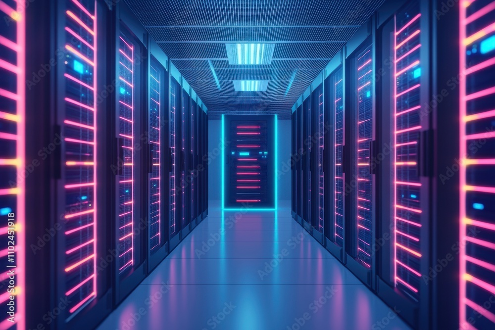 Access control permissions and encryption, A futuristic data center with illuminated server racks in vibrant pink and blue lighting, creating a high-tech ambiance. Access control permissions and encryption, A futuristic data center with illuminated server racks in vibrant pink and blue lighting, creating a high-tech ambiance.